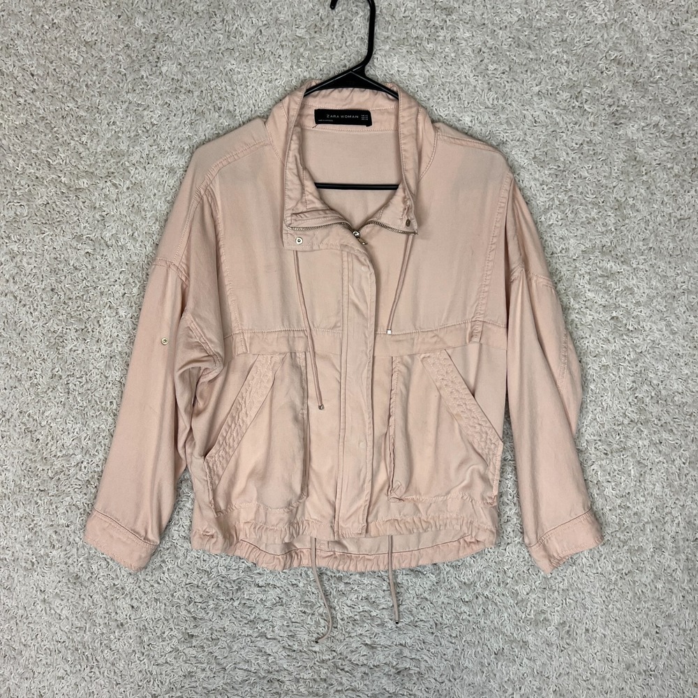 Zara Woman Jacket Womens XS Pink Full Zip Pockets Cinch Waist Safari Casual